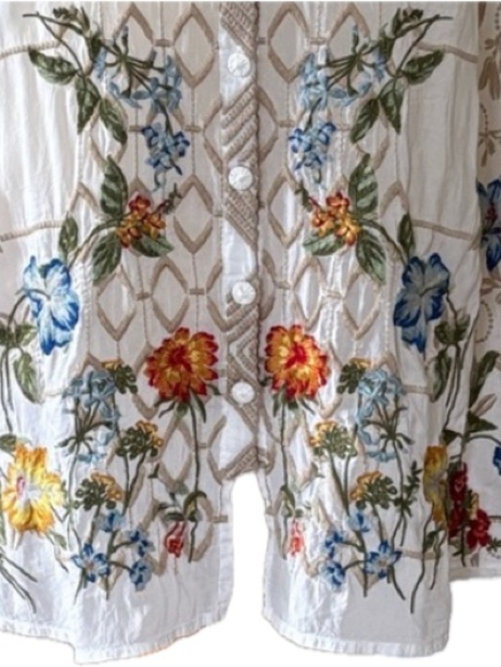 Johnny Was White Sheer Embroidered Tunic with Tan Lattice and Multicolor Floral - Picture 3 of 9